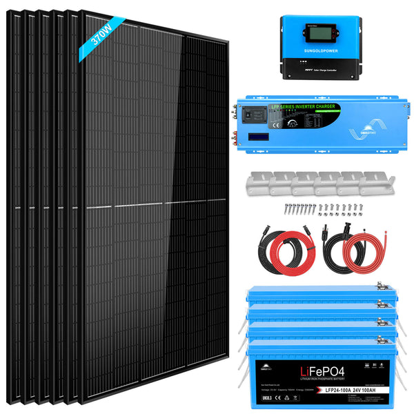 Sun Gold Off Grid Solar Kit 6000W 24VDC 120V/240V LiFePO4 10.24KWH Lithium Battery 6 X 370 Watt Solar Panels SGK-PRO62