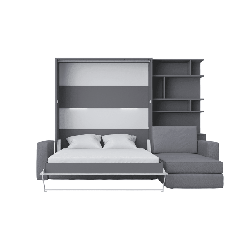 Maxima House Murphy Bed INVENTO European Queen size with a Sectional Sofa and a Bookcase, mattress included - IN014/17GW-LG - Backyard Provider