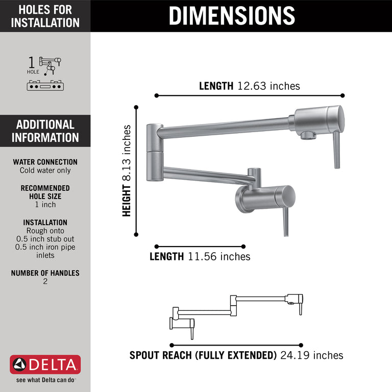 Delta Wall Mount Contemporary Pot Filler in Arctic Stainless - 1165LF-AR