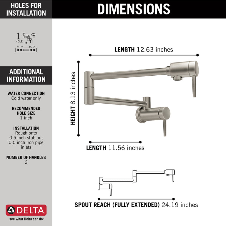 Delta Wall Mount Contemporary Pot Filler in Stainless Steel - 1165lf-Ss