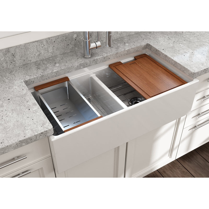 Bocchi Contempo Apron Front Step Rim Fireclay 36" Double Bowl Kitchen Sink with Cutting Board. Available in 9 Colors! - 1348-001-0120