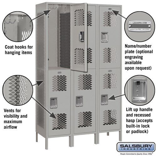 Salsbury 15" Wide Double Tier Vented Metal Locker - 3 Wide - 82365GY-U