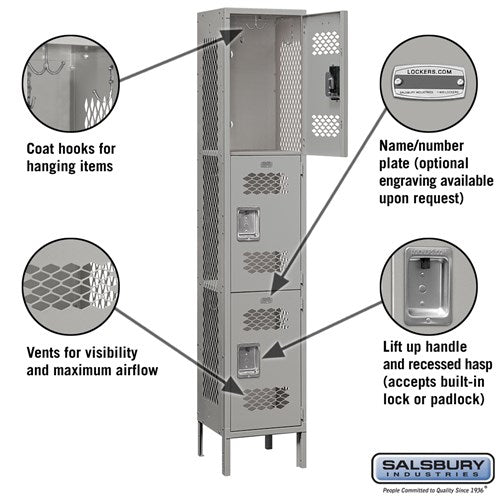 Salsbury 15" Wide Triple Tier Vented Metal Locker - 1 Wide - 83165GY-U