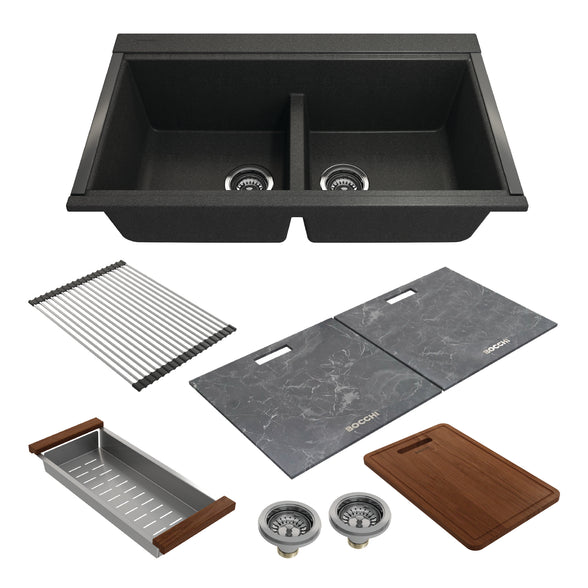 Bocchi 34" Undermount Double Bowl Composite Workstation Kitchen Sink with Covers in Metallic Black - 1618-505-0126HP