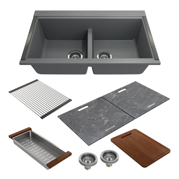 Bocchi 34" Undermount Double Bowl Composite Workstation Kitchen Sink with Covers in Concrete Gray - 1618-506-0126HP