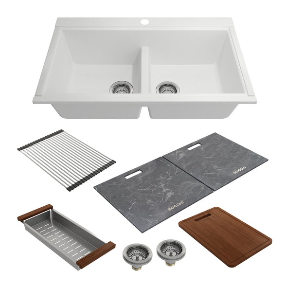 Bocchi 34" Undermount Double Bowl Composite Workstation Kitchen Sink with Covers in Milk White - 1618-507-0126HP