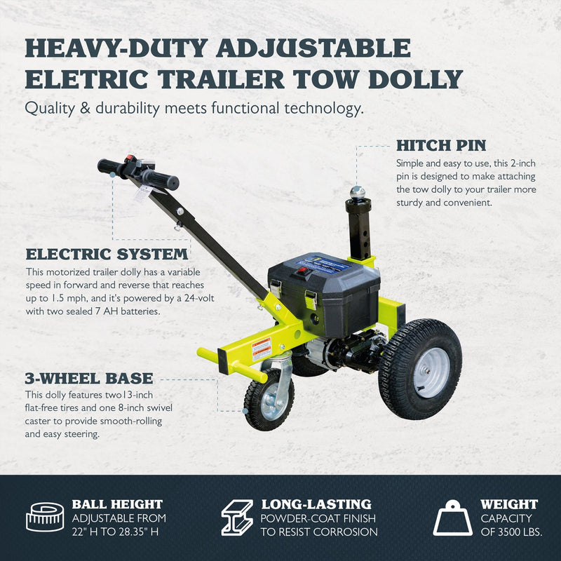 Tow Tuff TMD-35ETD8 Adjustable 3500 Lbs Capacity Electric Trailer Dolly, Green - 218124