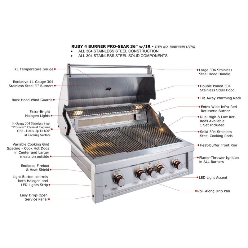 Sunstone Metal Products Ruby Gas Grills - 5 Burner 42" Ruby Drop in Gas Grills w/ IR