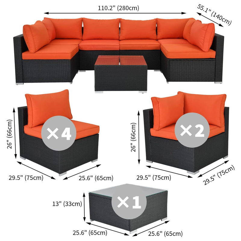 ESSENTIAL LOUNGER Outdoor Sofa Set w/Cushion & Glass Table Set of 7, Orange - 320030