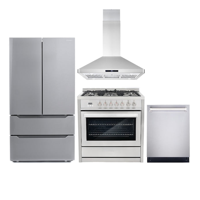 Cosmo 4 Piece Kitchen Package with 36" Freestanding Gas Range 30" Wall Mount Range Hood 24" Built-in Fully Integrated Dishwasher & Energy Star French Door Refrigerator - CMOS668ICS