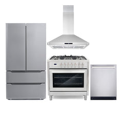 Cosmo 4 Piece Kitchen Package with 36" Freestanding Dual Fuel Range 36" Island Range Hood 24" Built-in Fully Integrated Dishwasher & Energy Star French Door Refrigerator