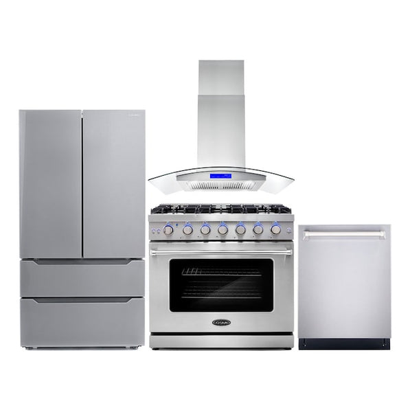 Cosmo 4 Piece Appliance Package with 36" Freestanding Gas Range 36" Island Mount Range Hood 24" Built-in Fully Integrated Dishwasher & Energy Star French Door Refrigerator