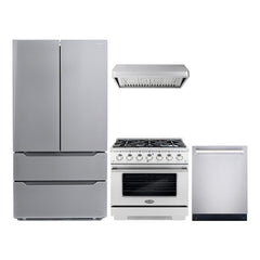 Cosmo 4 Piece Kitchen Package with 36" Freestanding Gas Range 36" Under Cabinet Range Hood 24" Built-in Fully Integrated Dishwasher & Energy Star French Door Refrigerator