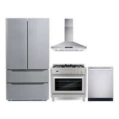 Cosmo Cosmo 4 Piece Kitchen Appliance Packages with 36" Freestanding Gas Range 36" Wall Mount Range Hood 24" Built-in Integrated Dishwasher & French Door Refrigerator