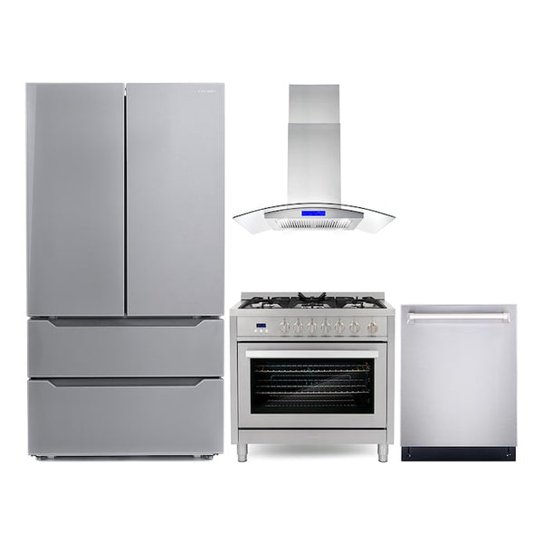 Cosmo Cosmo 4 Piece Kitchen Appliance Packages with 36" Freestanding Gas Range 36" Island Range Hood 24" Built-in Integrated Dishwasher & French Door Refrigerator