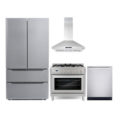 Cosmo Cosmo 4 Piece Kitchen Appliance Packages with 36" Freestanding Gas Range 36" Island Range Hood 24" Built-in Integrated Dishwasher & French Door Refrigerator