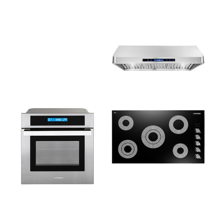 Cosmo 3 Piece Kitchen Package With 36" Electric Cooktop 36" Under Cabinet Range Hood 30" Single Electric Wall Oven