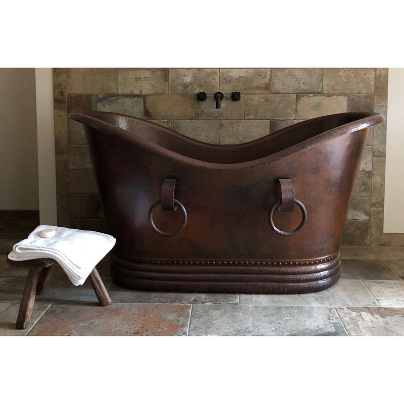 Premier Copper 60 in. Hammered Copper Double Slipper Bathtub With Rings - BTDR60DB