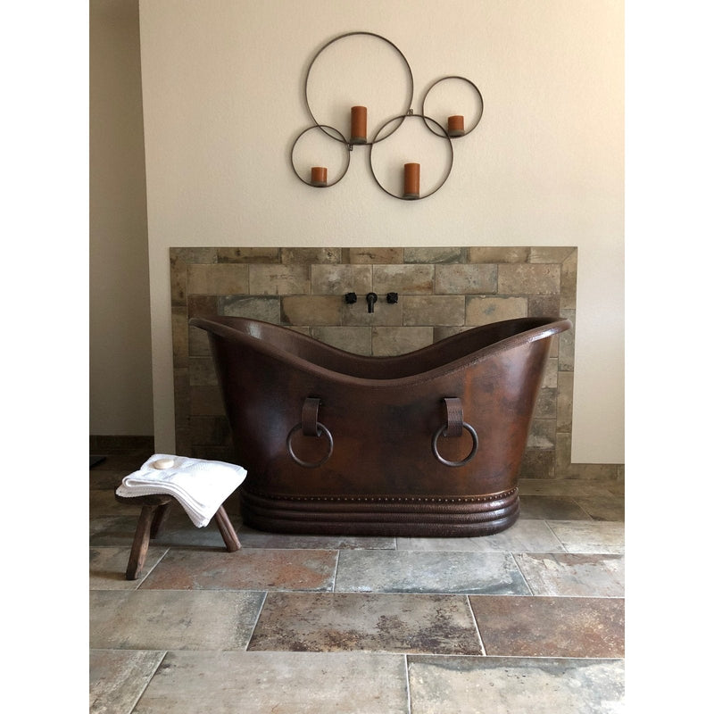 Premier Copper 60 in. Hammered Copper Double Slipper Bathtub With Rings - BTDR60DB