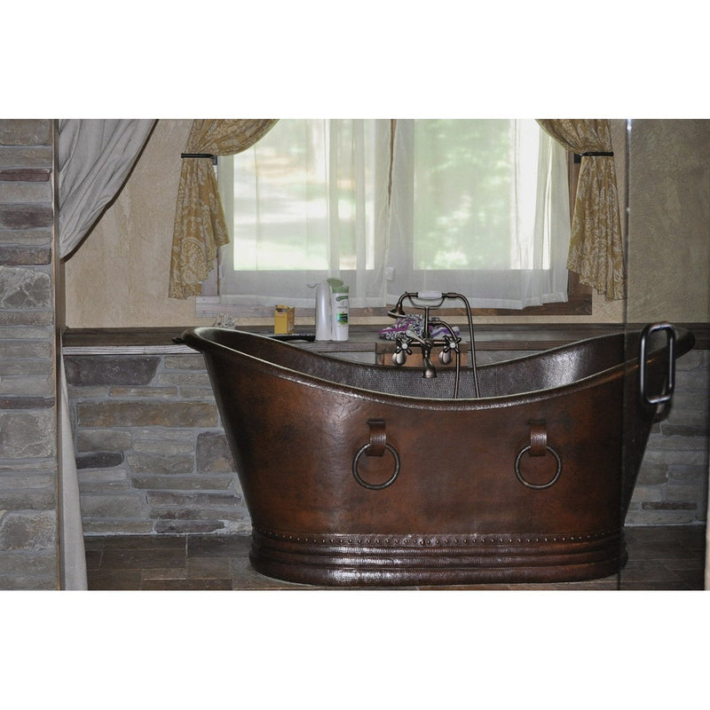 Premier Copper 67 in. Hammered Copper Double Slipper Bathtub With Rings - BTDR67DB