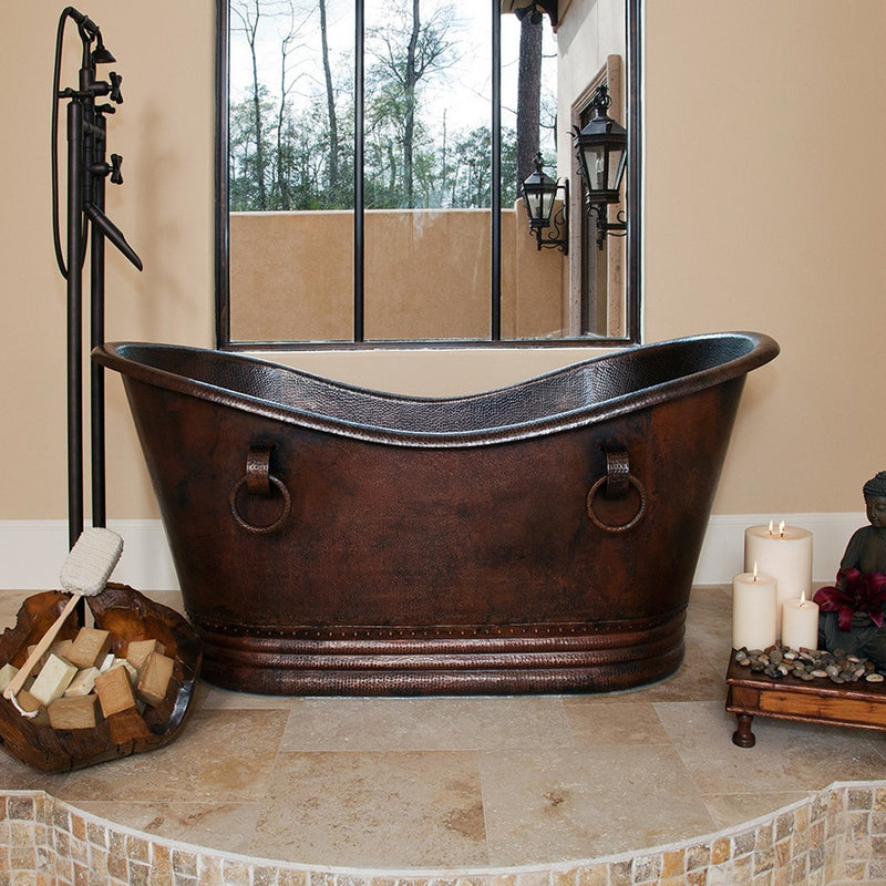 Premier Copper 67 in. Hammered Copper Double Slipper Bathtub With Rings - BTDR67DB