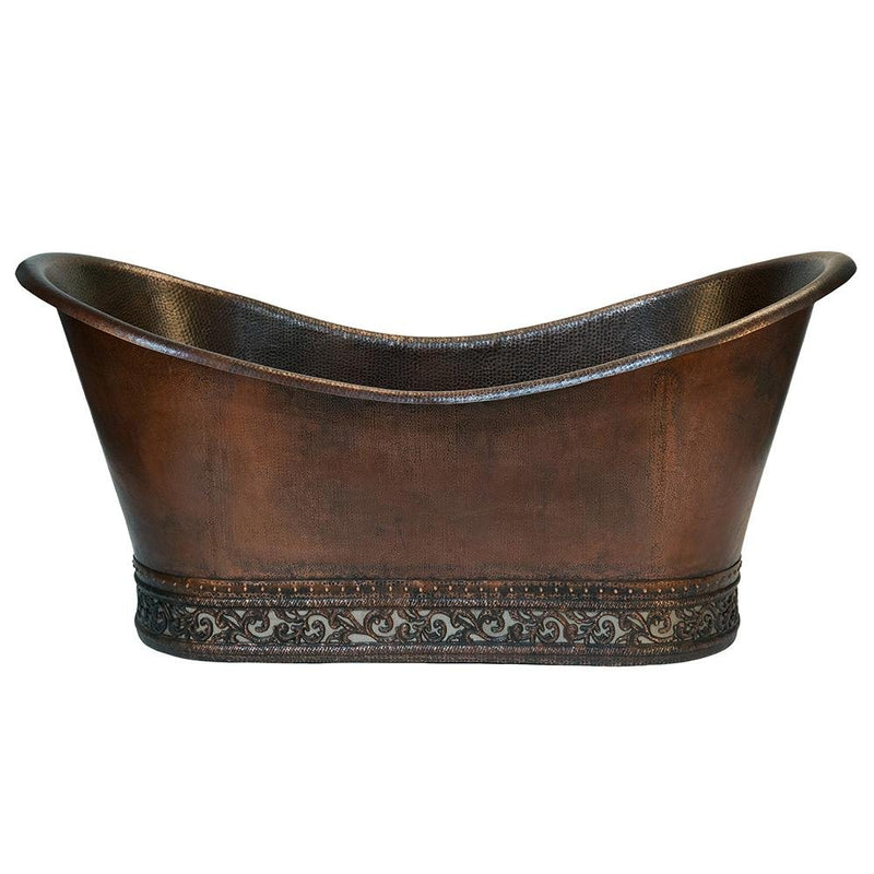 Premier Copper 67 in. Hammered Copper Double Slipper Bathtub with Scroll Base and Nickel Inlay - BTN67DB