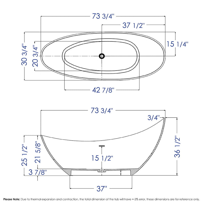 ALFI 73" White Solid Surface Smooth Resin Freestanding Slipper Soaking Bathtub - AB9951