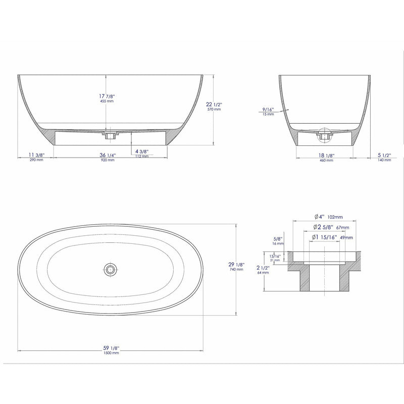 ALFI 59" White Oval Freestanding Resin Bathtub - AB9975