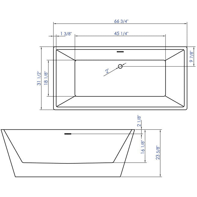 ALFI 67" Rectangular White Freestanding Acrylic Soaking Bathtub AB8832