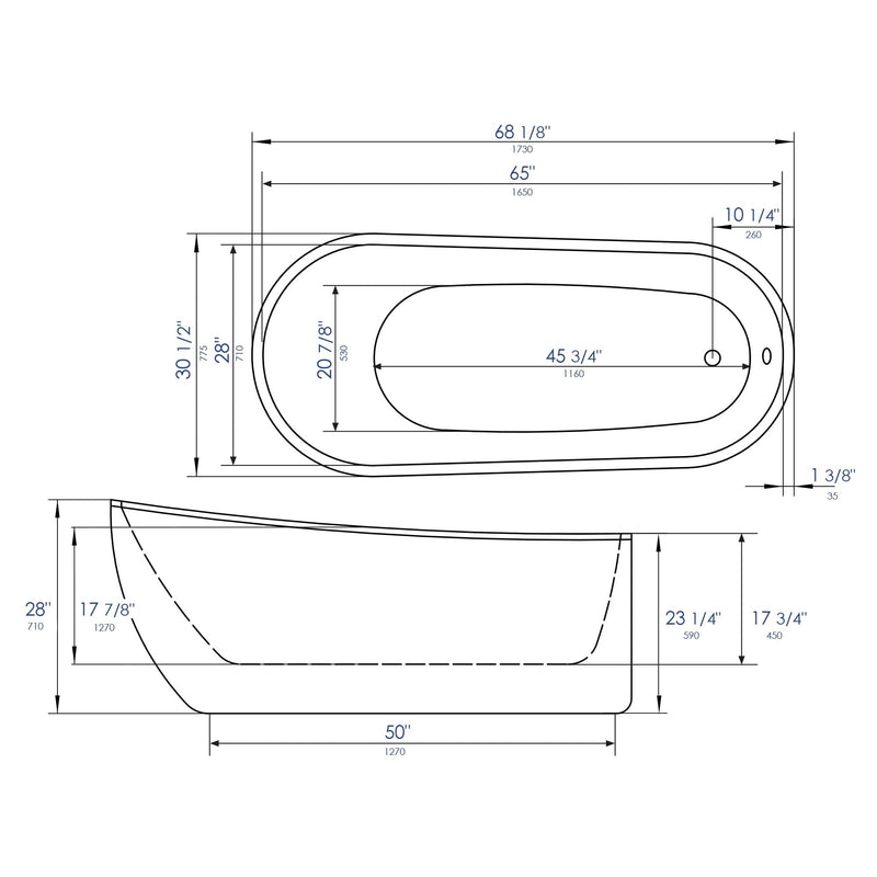 ALFI 68" Oval White Freestanding Acrylic Soaking Bathtub - AB8826