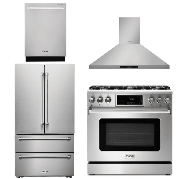 Thor Kitchen Appliance Package - 36 In. Natural Gas Range, Range Hood, Refrigerator, Dishwasher, AP-TRG3601-3