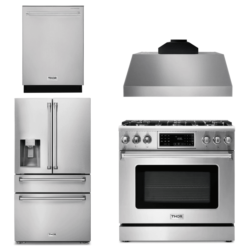 Thor Kitchen Appliance Package - 36 In. Gas Range, Range Hood, Refrigerator with Water and Ice Dispenser, Dishwasher,AP-TRG3601-C-7