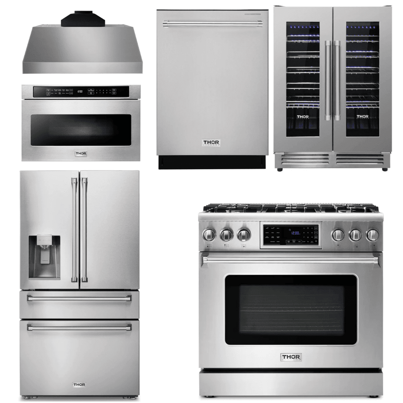 Thor Kitchen Appliance Package - 36 In. Gas Range, Range Hood, Microwave Drawer, Refrigerator with Water and Ice Dispenser, Dishwasher, Wine Cooler, AP-TRG3601LP-C-10