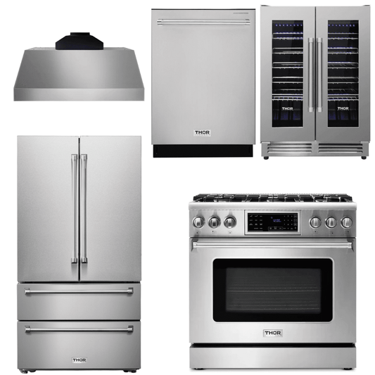 Thor Kitchen Appliance Package - 36 In. Propane Gas Range, Range Hood, Refrigerator, Dishwasher, Wine Cooler, AP-TRG3601LP-C-3