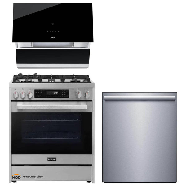 ROBAM 3-Piece Appliance Package - 30-Inch 5 Cu. Ft. Oven Freestanding Gas Range, Under Cabinet/Wall Mounted Range Hood and Dishwasher in Stainless Steel - AP3-7GG10-A671