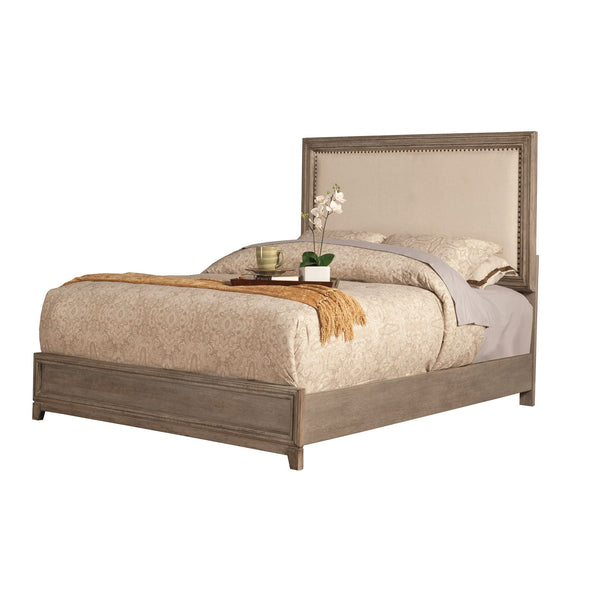 Alpine Camilla California King Panel Bed w/Upholstered Headboard & Nailheads, Antique Grey - 1800-07CK