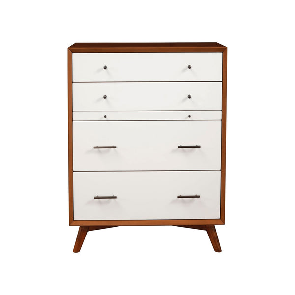 Alpine Flynn Mid Century Modern 4 Drawer Two Tone Multifunction Chest w/Pull Out Tray, Acorn/White - 999-05