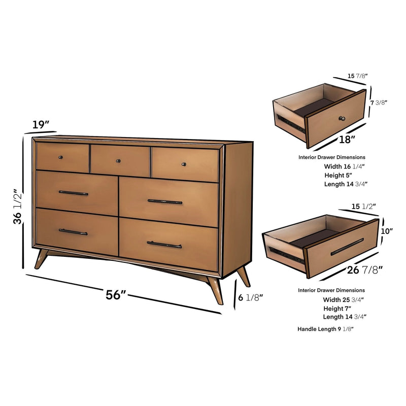 Alpine Flynn Mid Century Modern 7 Drawer Dresser, Acorn - 966-03