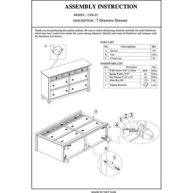 Alpine Winchester 7 Drawer Dresser, White - 1306-03