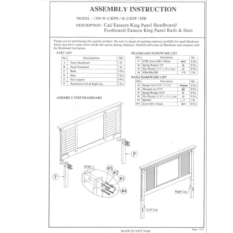 Alpine Winchester California King Shutter Panel Bed, White - 1306CK