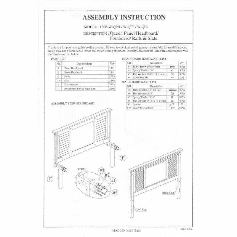 Alpine Winchester Queen Shutter Pannel Bed, White - 1306Q