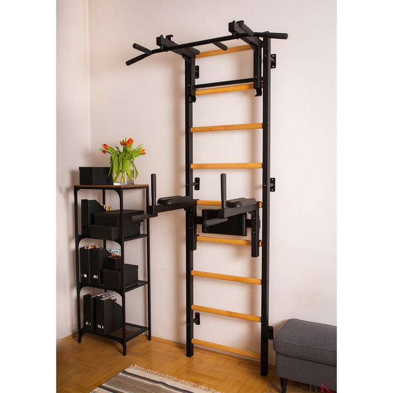 BenchK Swedish Ladder w/ Dip Bar & Rack - Black