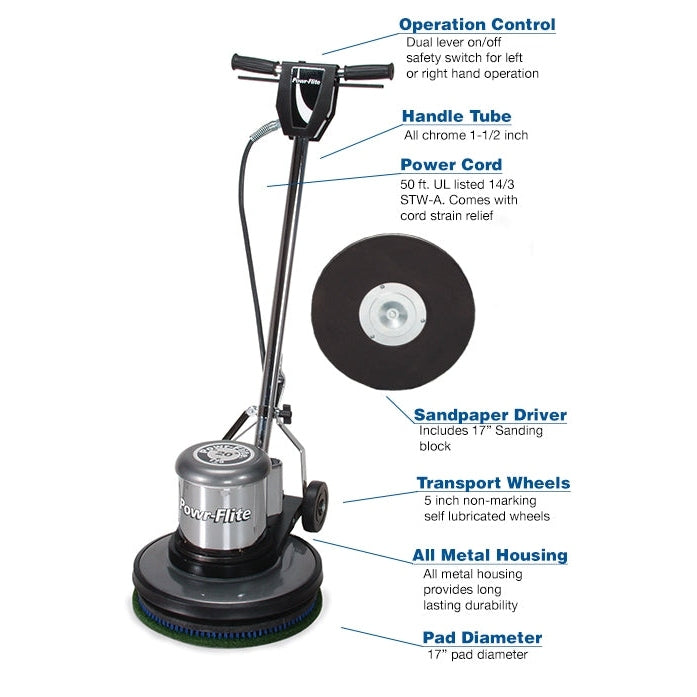 Powr-Flite Classic Metal, Floor Machine, Low Speed, 17", 95lbs, 175 RPMs, 1.5HP, 50' Cord, Includes Sanding Drive Plate - SB17M