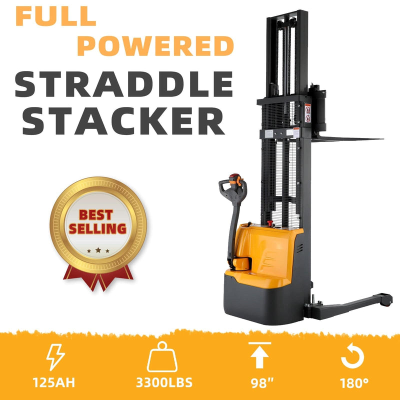 Apollolift Powered Forklift Full Electric Walkie Stacker 3300lbs Cap. Straddle Legs. 98" lifting A-3022 - Backyard Provider