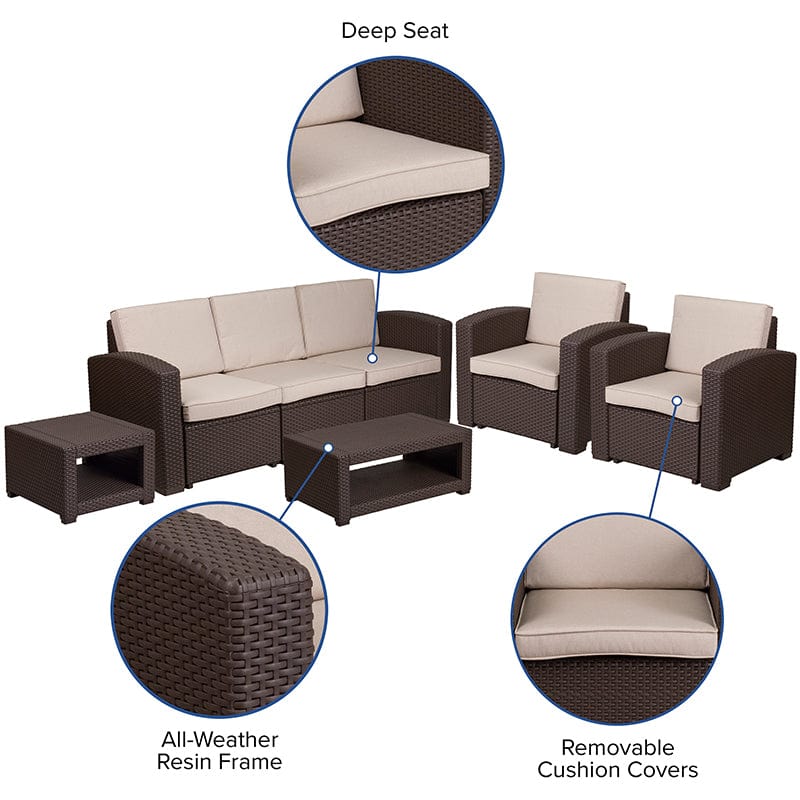 Flash Furniture 5 Piece Outdoor Faux Rattan - DAD-SF-113RS-CBN-GG