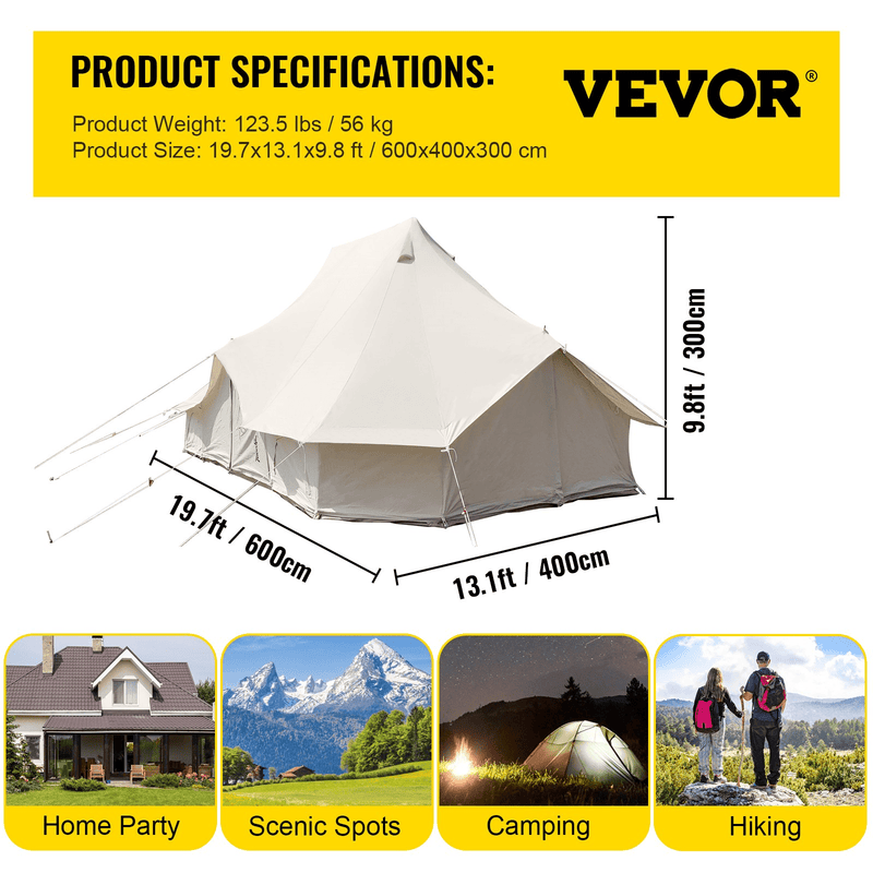 Vevor 6M Bell Tent 19.7' x 13.1' x 9.8' Yurt Beige Canvas Cotton For 8-12 People Portable 4 Season Teepee - Backyard Provider