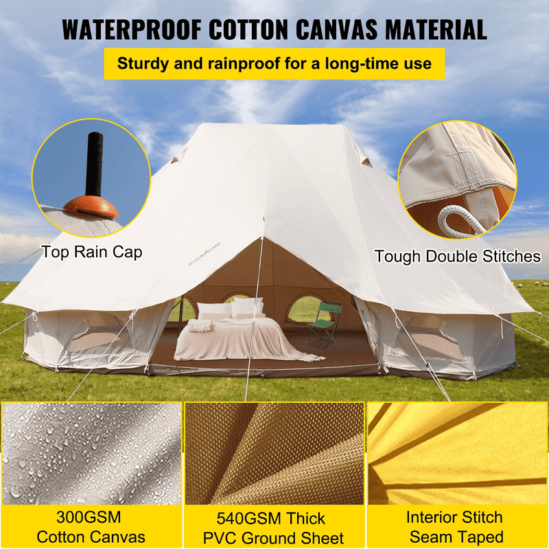 Vevor 6M Bell Tent 19.7' x 13.1' x 9.8' Yurt Beige Canvas Cotton For 8-12 People Portable 4 Season Teepee - Backyard Provider