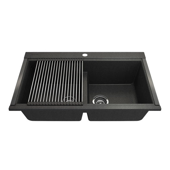 Bocchi 34" Undermount Double Bowl Composite Workstation Kitchen Sink with Covers in Metallic Black - 1618-505-0126HP