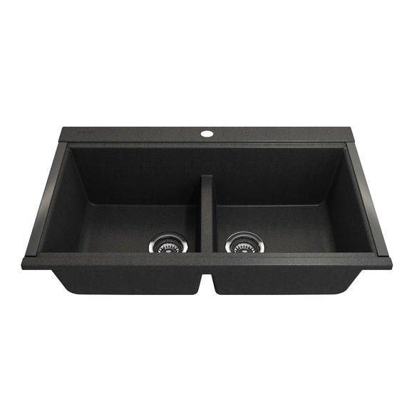 Bocchi 34" Undermount Double Bowl Composite Workstation Kitchen Sink with Covers in Metallic Black - 1618-505-0126HP