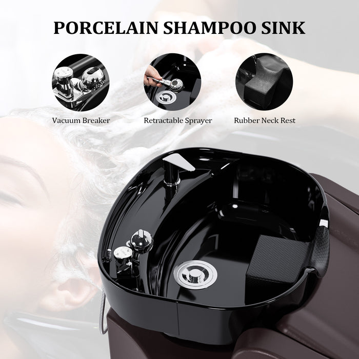 OmySalon BU1301 Salon Shampoo Bowl and Chair Backwash Unit with Extra Large Ceramic Bowl & Freestanding Ottoman - G59000488+G59000489+G59000490